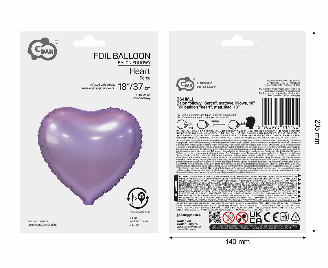 Foil balloon "heart", matt, lilac, 18 inches